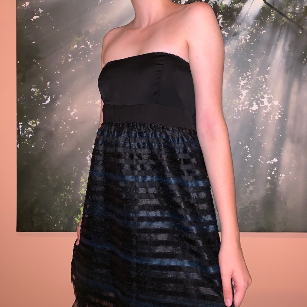 Black and Blue Striped Strapless Dress